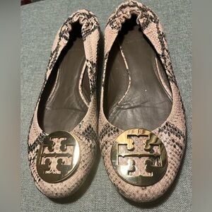 Tory Burch Reva Snakeskin Ballet Flats with Gold Logo Women’s Size 8-8 1/2